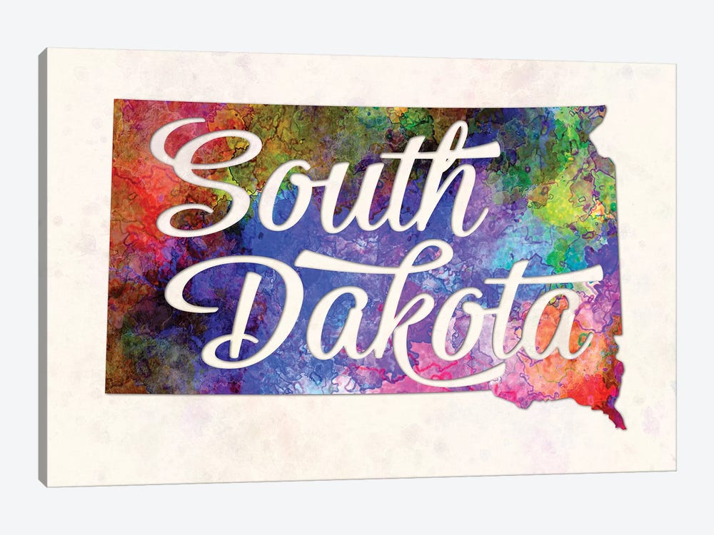South Dakota US State In Watercolor Text Cut Out by Paul Rommer 1-piece Canvas Art