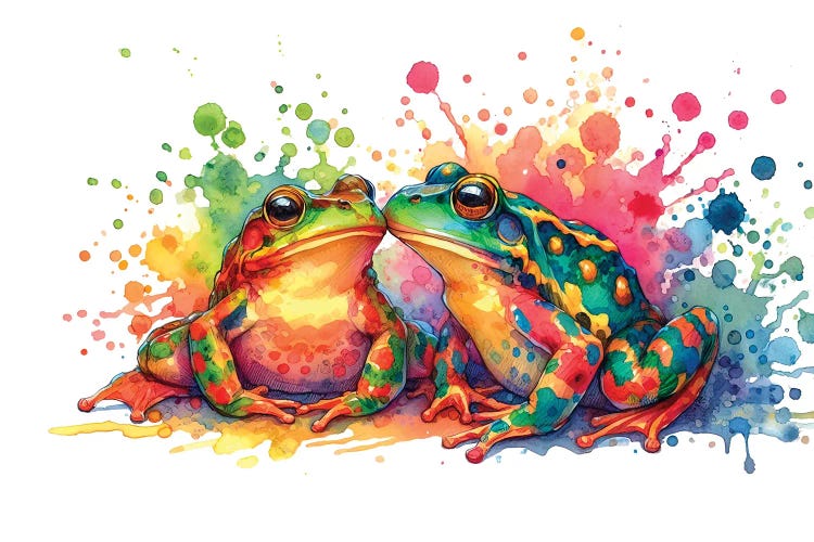 Watercolor Frogs With Colorful Splatters by Paul Rommer wall art