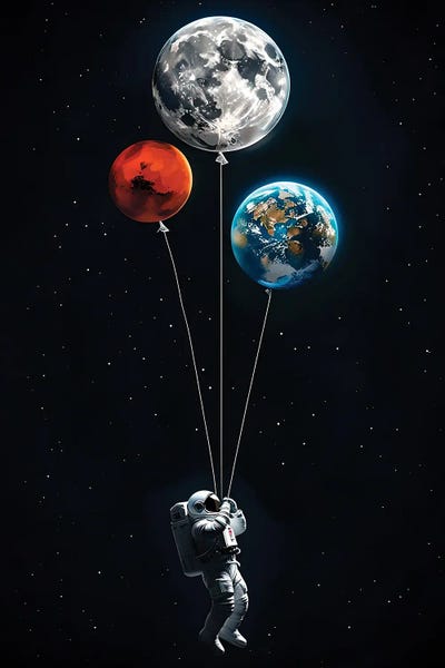 Astronaut With Planet Balloons In Space