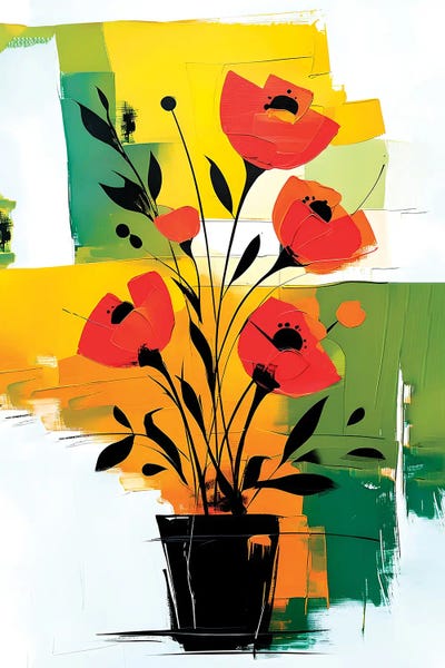 Abstract Red Flowers In Black Vase by Paul Rommer canvas print