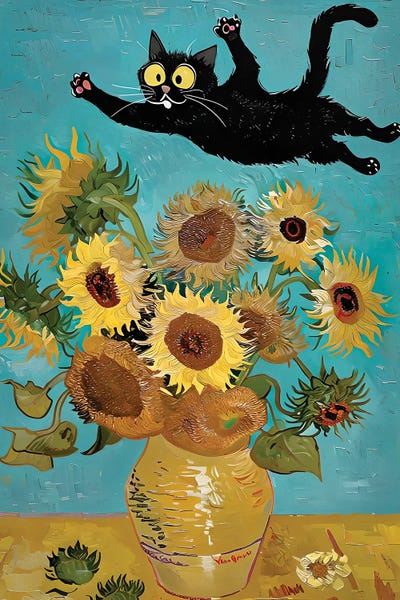Playful Black Cat And Sunflowers Van Gogh Style Artwork Art