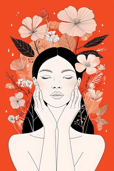 Floral Woman Portrait On Orange Background