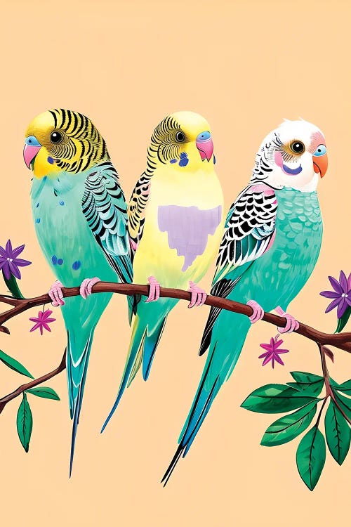 Three Colorful Budgies On A Branch by Paul Rommer wall art