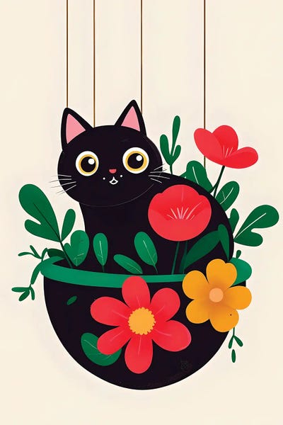 Black Cats: Black Cat In Flower Pot Illustration by Paul Rommer