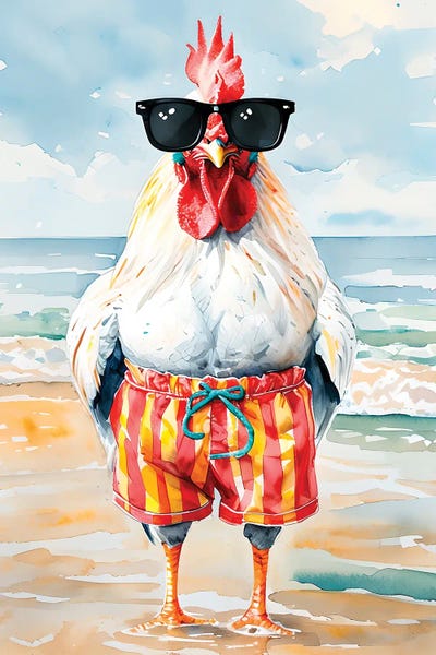 Chickens & Roosters: Rooster On The Beach With Sunglasses by Paul Rommer