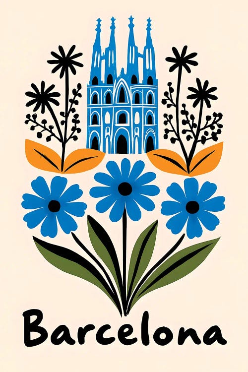 Barcelona Floral Landmark Illustration by Paul Rommer wall art