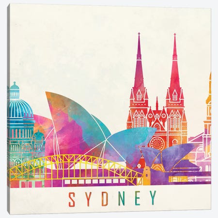 Sydney Landmarks Watercolor Poster Canvas Print #PUR691} by Paul Rommer Canvas Art Print