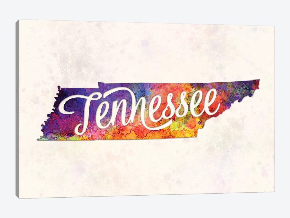 Tennessee US State In Watercolor Text Cut Out by Paul Rommer 1-piece Canvas Wall Art