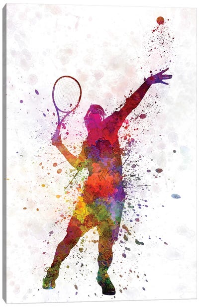 Tennis Player At Service Serving Silhouette I Canvas Art Print - Colorful Art