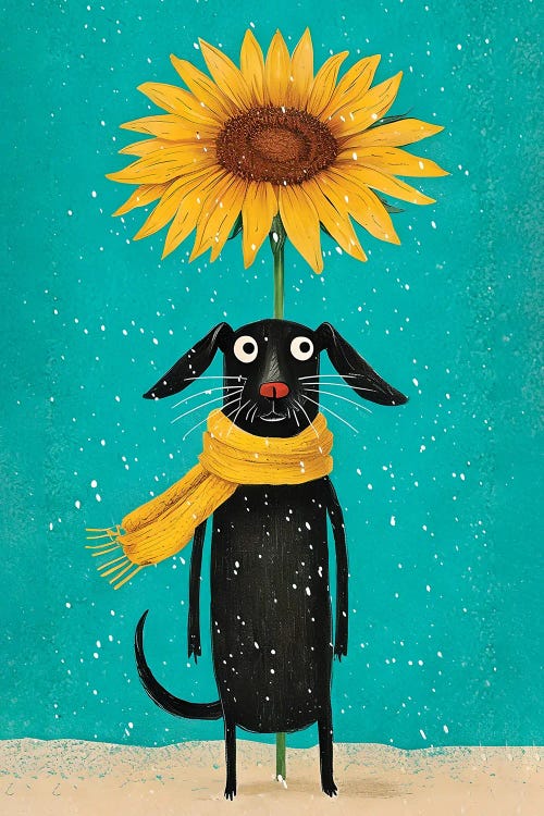 Dog With Sunflower In Winter Snow