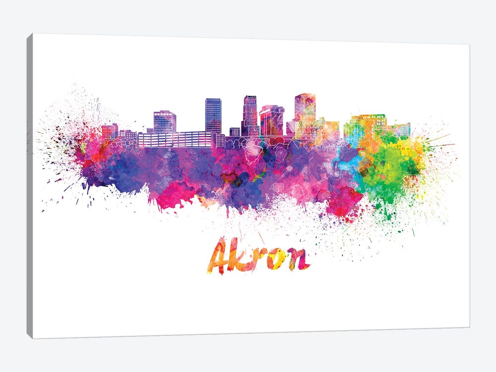 Akron Oh Skyline In Watercolor by Paul Rommer 1-piece Canvas Artwork