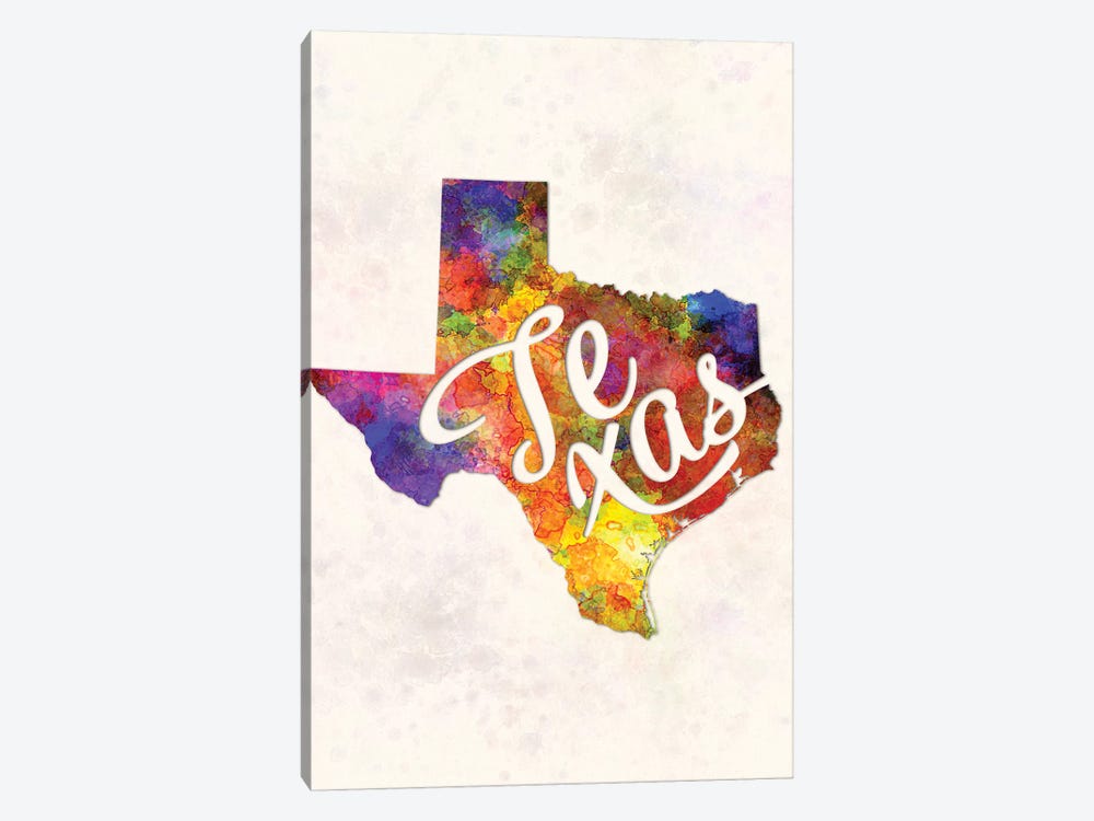 Texas US State In Watercolor Text Cut Out by Paul Rommer 1-piece Canvas Art Print