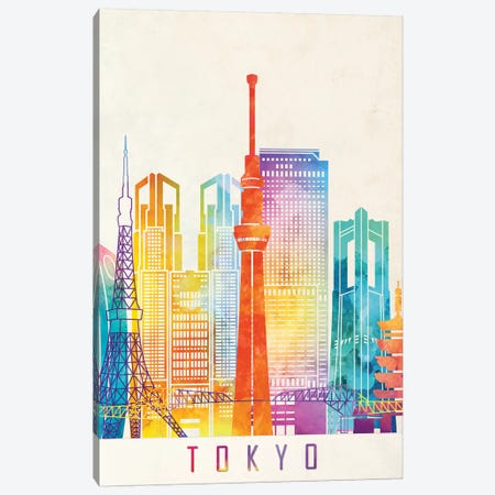 Tokyo Landmarks Watercolor Poster Canvas Print #PUR707} by Paul Rommer Canvas Artwork