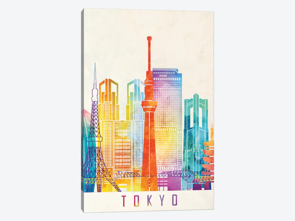 Tokyo Landmarks Watercolor Poster by Paul Rommer 1-piece Canvas Art Print