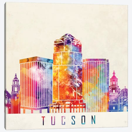 Tucson Landmarks Watercolor Poster Canvas Print #PUR713} by Paul Rommer Canvas Art