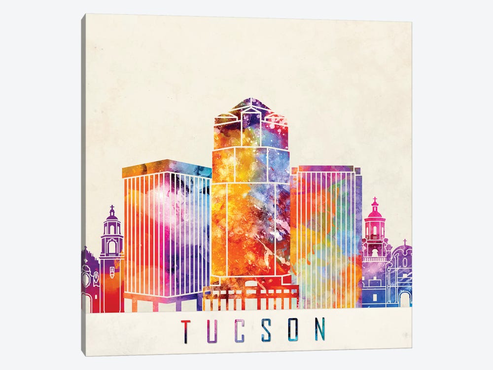 Tucson Landmarks Watercolor Poster by Paul Rommer 1-piece Canvas Wall Art