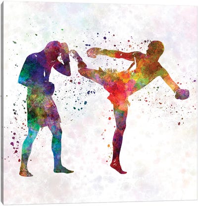 Two Men Exercising Thai Boxing Silhouette Canvas Art Print - Boxing Art