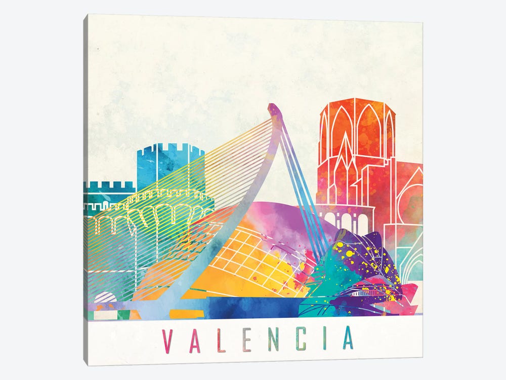 Valencia Landmarks Watercolor Poster by Paul Rommer 1-piece Canvas Print