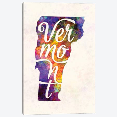 Vermont US State In Watercolor Text Cut Out Canvas Print #PUR732} by Paul Rommer Canvas Art