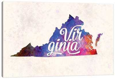 Virginia US State In Watercolor Text Cut Out Canvas Art Print - State Maps