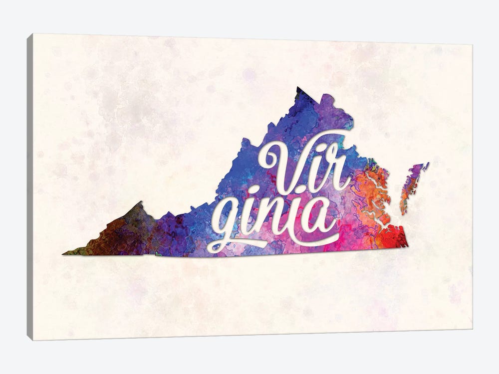 Virginia US State In Watercolor Text Cut Out by Paul Rommer 1-piece Canvas Artwork