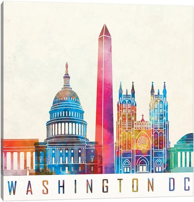 Washington Dc Landmarks Watercolor Poster Canvas Art Print - Washington DC Skylines