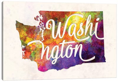 Washington US State In Watercolor Text Cut Out Canvas Art Print - Paul Rommer