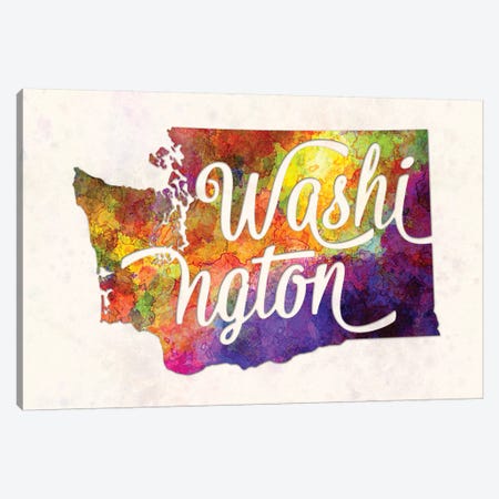 Washington US State In Watercolor Text Cut Out Canvas Print #PUR739} by Paul Rommer Canvas Wall Art