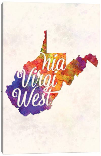 West Virginia US State In Watercolor Text Cut Out Canvas Art Print - State Maps