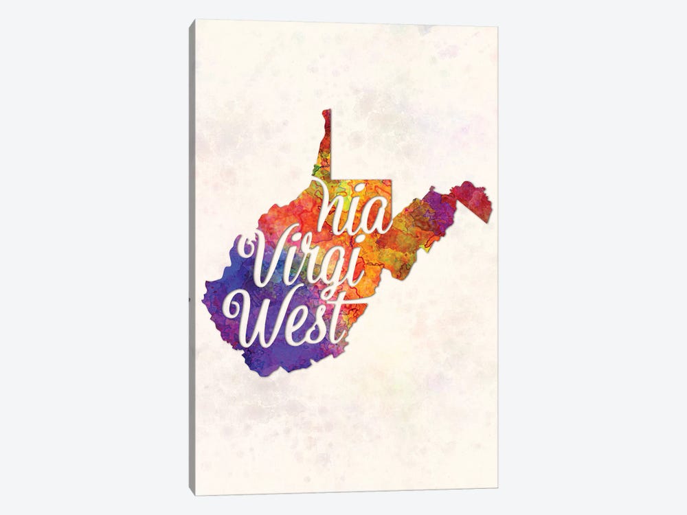 West Virginia US State In Watercolor Text Cut Out by Paul Rommer 1-piece Canvas Art Print
