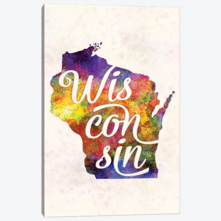 Wisconsin US State In Watercolor Text Cut Out Canvas Print #PUR753} by Paul Rommer Canvas Art