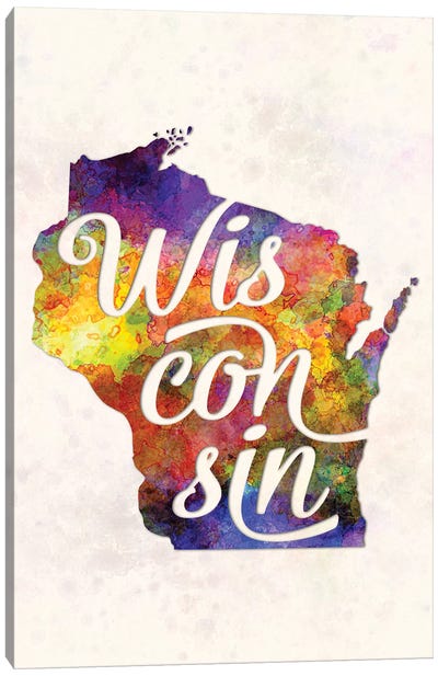 Wisconsin US State In Watercolor Text Cut Out Canvas Art Print - Paul Rommer
