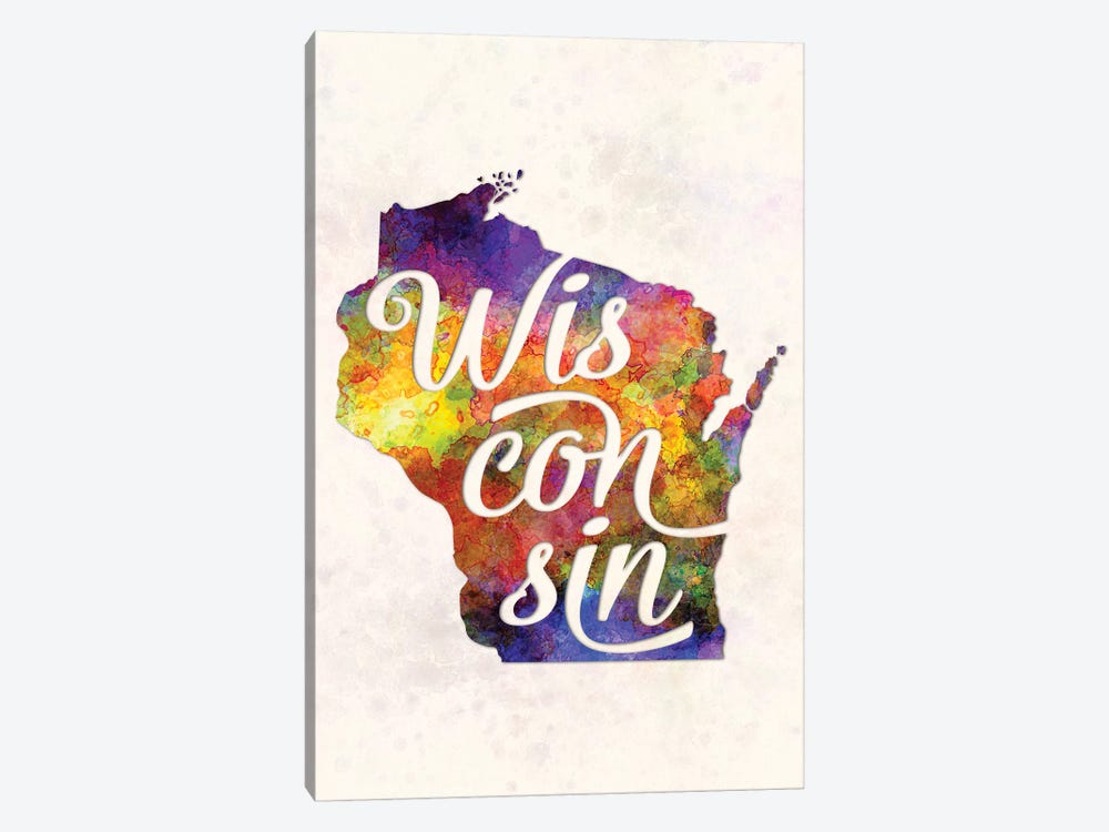 Wisconsin US State In Watercolor Text Cut Out by Paul Rommer 1-piece Canvas Wall Art