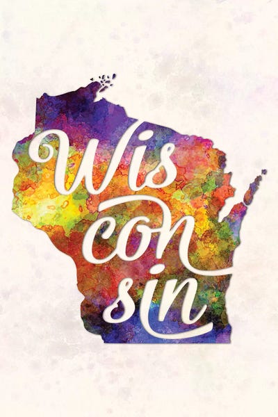 Wisconsin: Wisconsin US State In Watercolor Text Cut Out by Paul Rommer