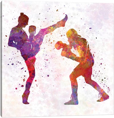 Woman Boxer Boxing Man Kickboxing Silhouette Isolated I Canvas Art Print - Paul Rommer