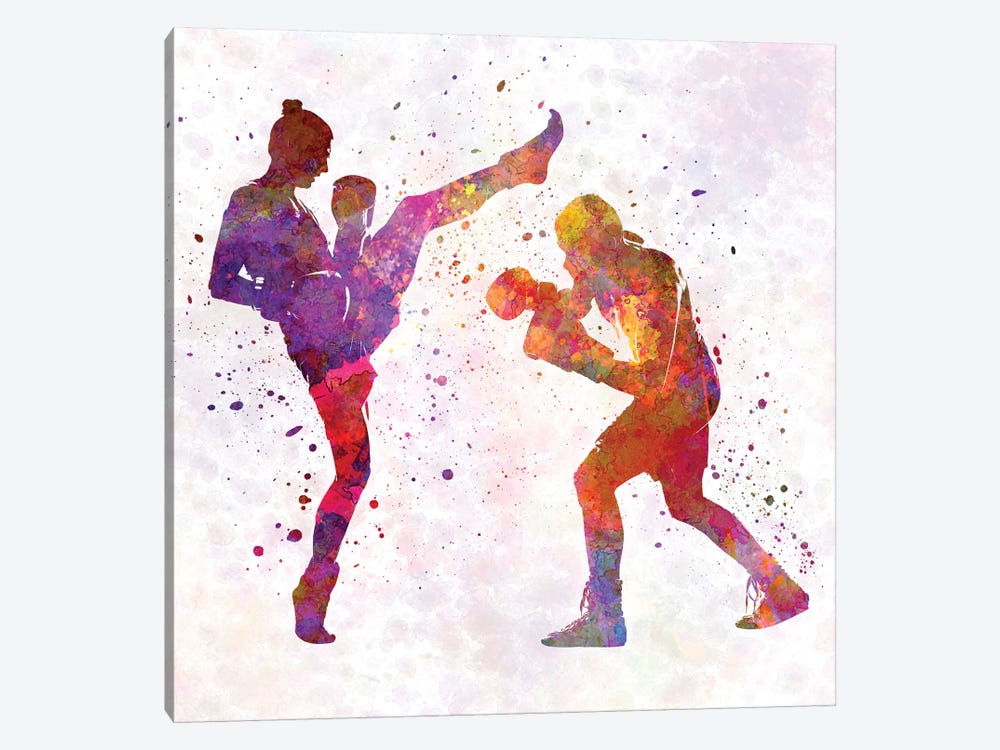 Woman Boxer Boxing Man Kickboxing Silhouette Isolated I by Paul Rommer 1-piece Art Print