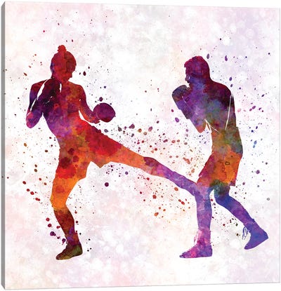 Woman Boxer Boxing Man Kickboxing Silhouette Isolated II Canvas Art Print - Boxing Art