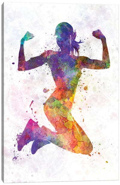 Woman Runner Jogger Jumping Powerful Canvas Art Print - Track & Field