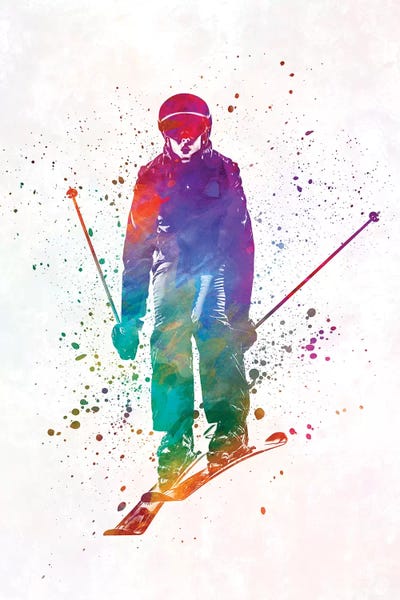 Woman Skier Skiing Jumping 01 In Watercolor by Paul Rommer framed canvas print