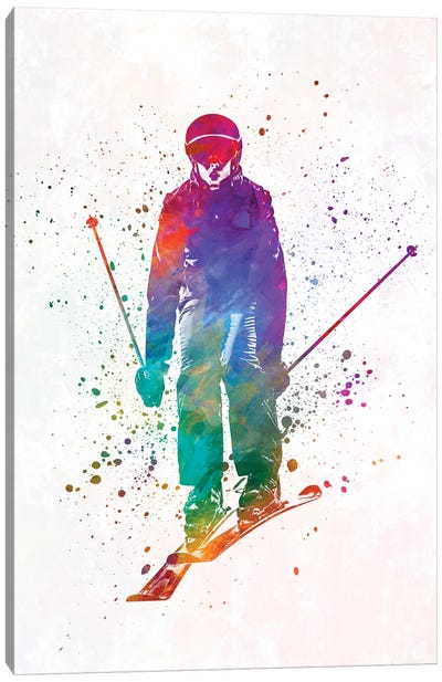 Woman Skier Skiing Jumping 01 In Watercolor Canvas Art Print - Skiing Art