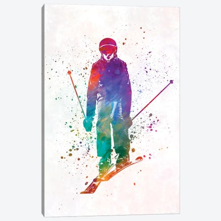 Woman Skier Skiing Jumping 01 In Watercolor Canvas Print #PUR793} by Paul Rommer Canvas Wall Art