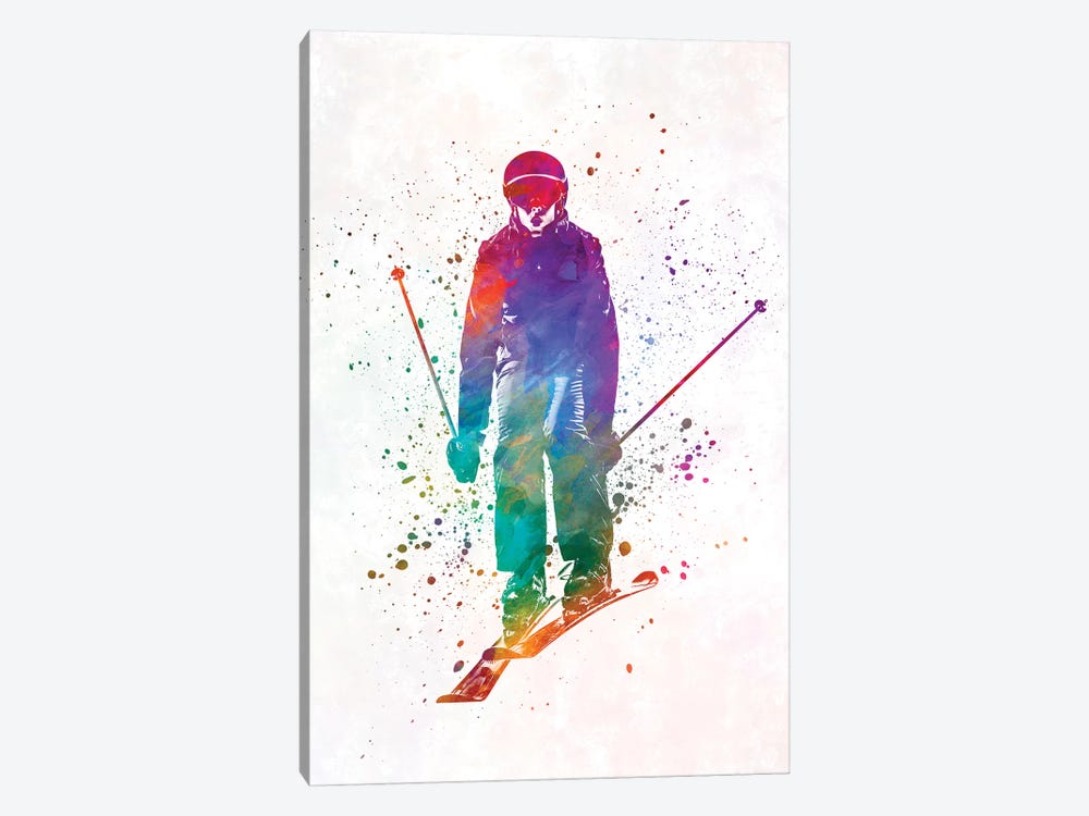 Woman Skier Skiing Jumping 01 In Watercolor by Paul Rommer 1-piece Canvas Artwork