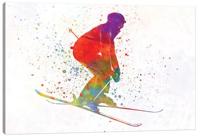 Woman Skier Skiing Jumping 02 In Watercolor Canvas Art Print - Skiing Art