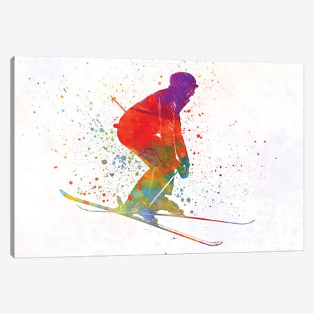 Woman Skier Skiing Jumping 02 In Watercolor Canvas Print #PUR794} by Paul Rommer Canvas Art Print