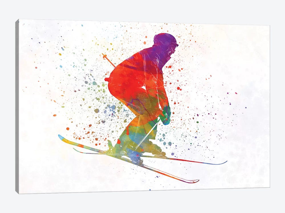 Woman Skier Skiing Jumping 02 In Watercolor by Paul Rommer 1-piece Art Print