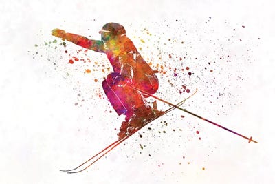 Woman Skier Skiing Jumping 03 In Watercolor by Paul Rommer framed canvas print