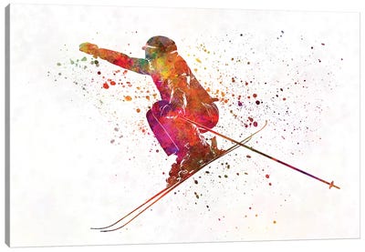 Woman Skier Skiing Jumping 03 In Watercolor Canvas Art Print - Skiing Art