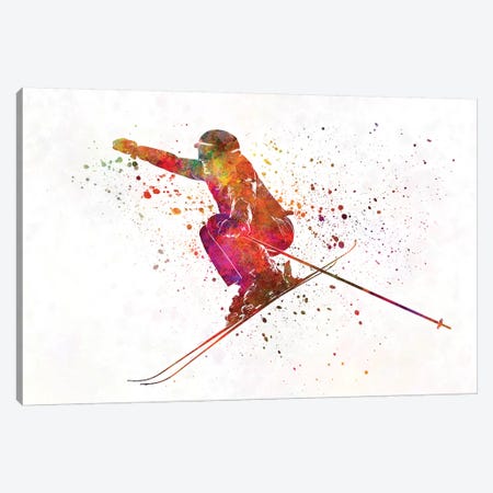 Woman Skier Skiing Jumping 03 In Watercolor Canvas Print #PUR795} by Paul Rommer Art Print