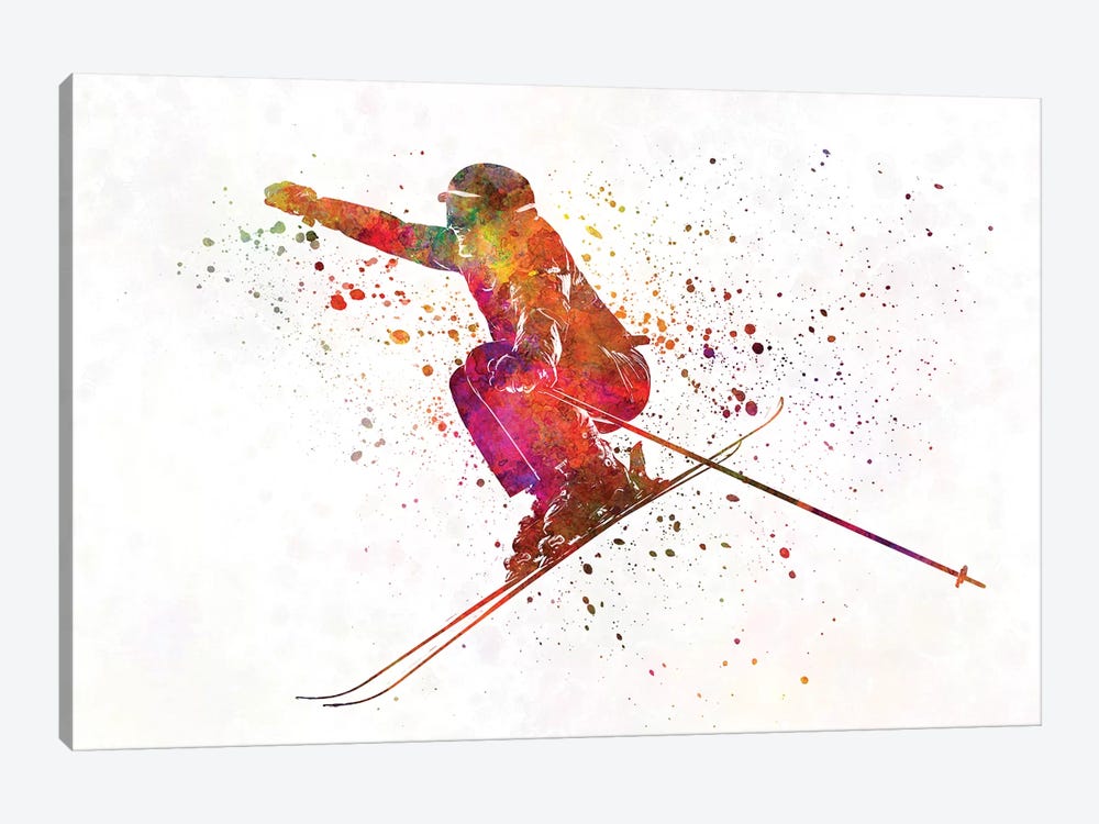 Woman Skier Skiing Jumping 03 In Watercolor by Paul Rommer 1-piece Canvas Wall Art