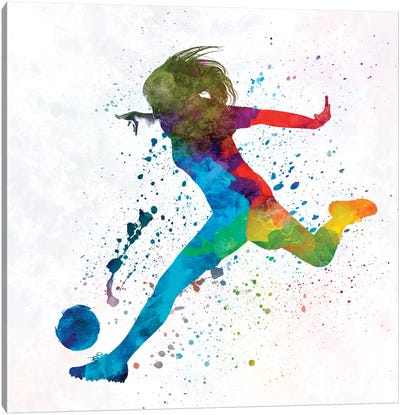 Woman Soccer Player 01 In Watercolor Canvas Art Print - Soccer Art